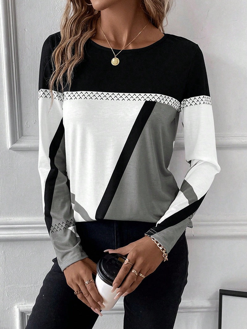 Color-blocked crew neck long-sleeved T-shirt