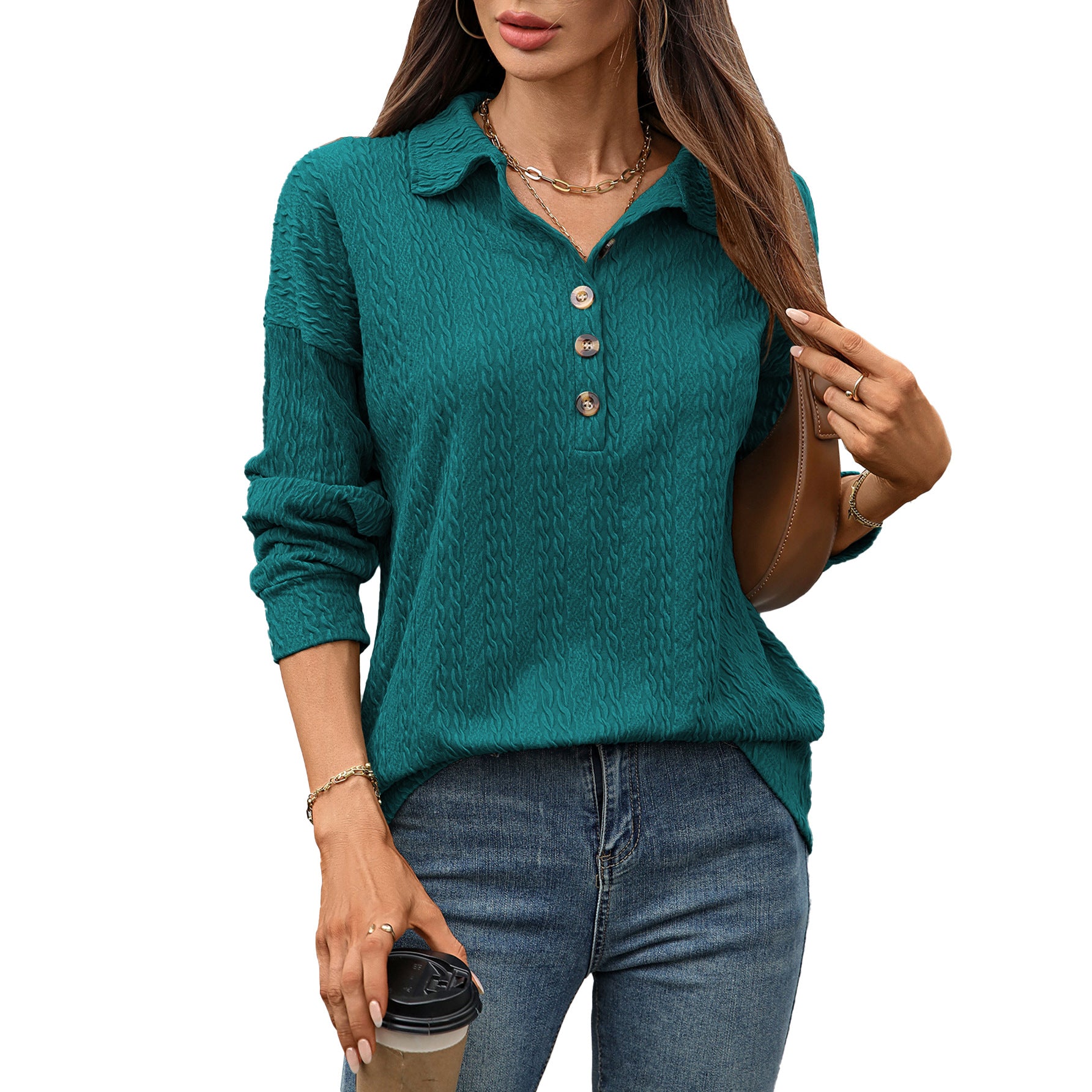 Women's collared button textured top