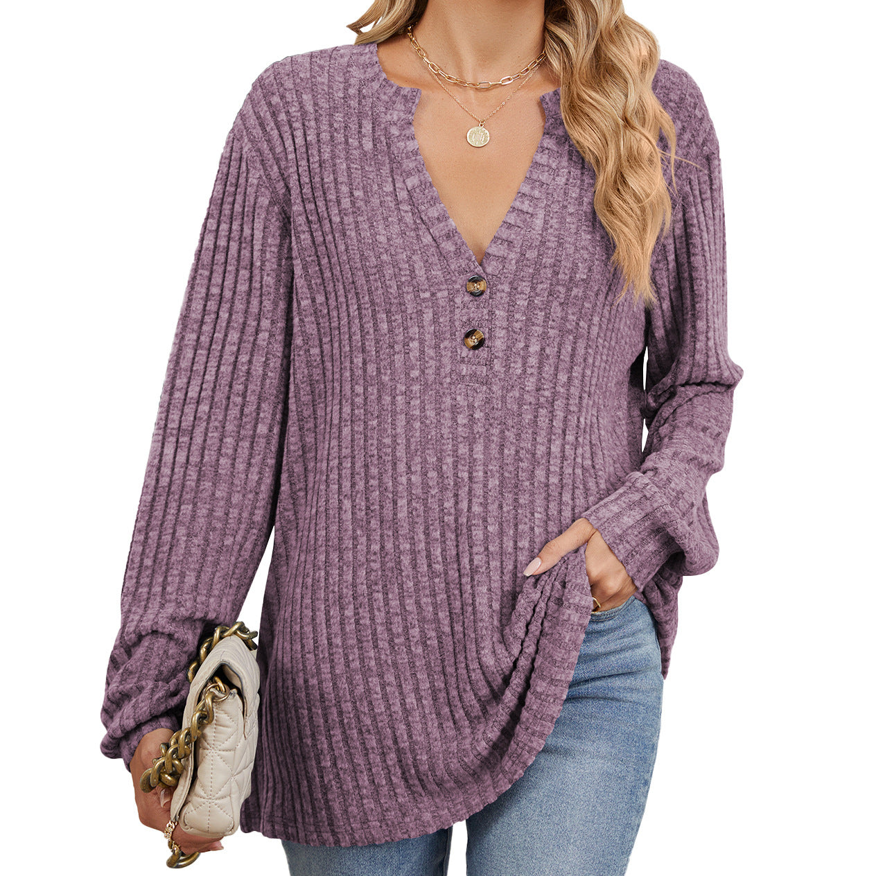 Ribbed V-neck long-sleeved knit sweater