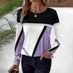 Color-blocked crew neck long-sleeved T-shirt