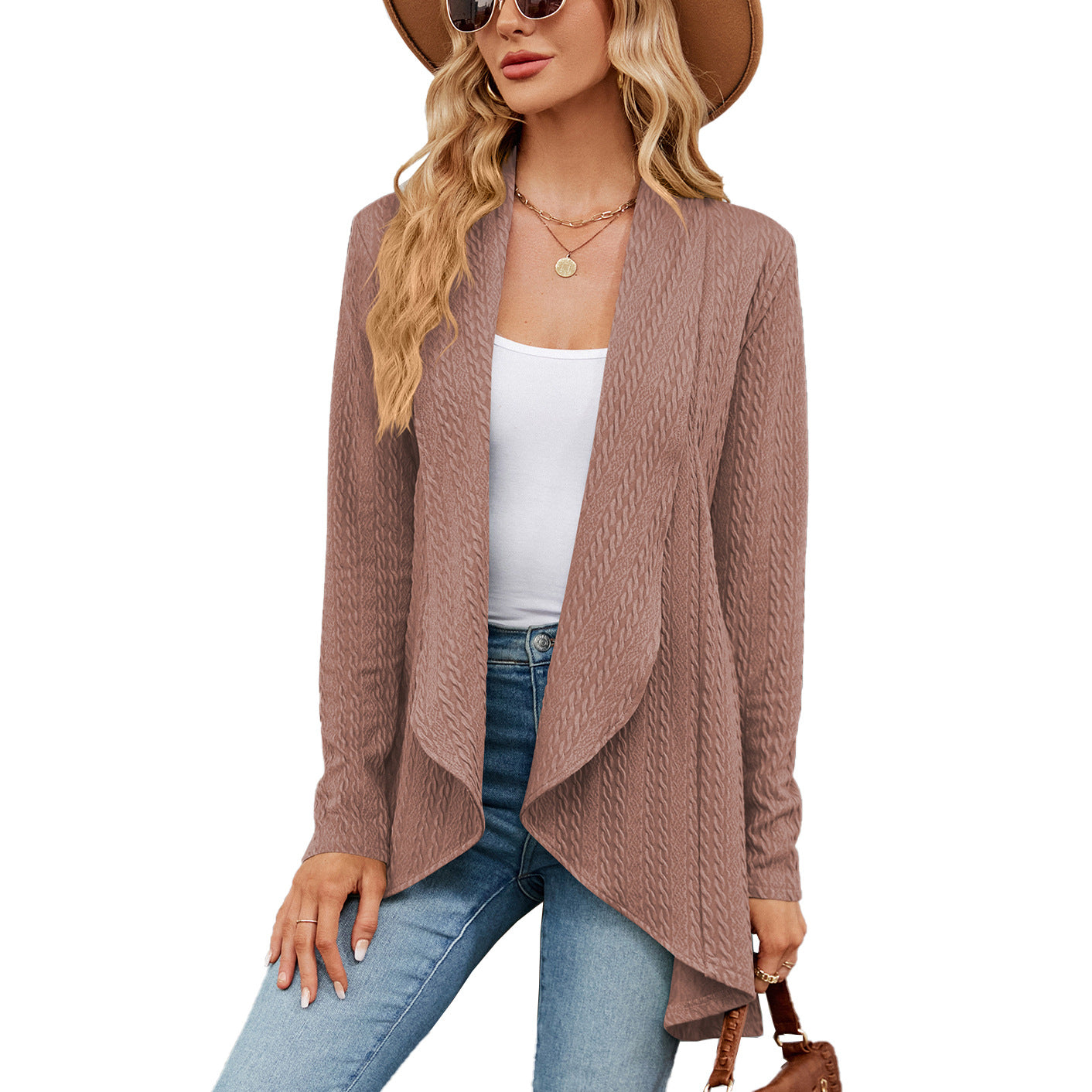 Long-sleeved solid color knitted cardigan