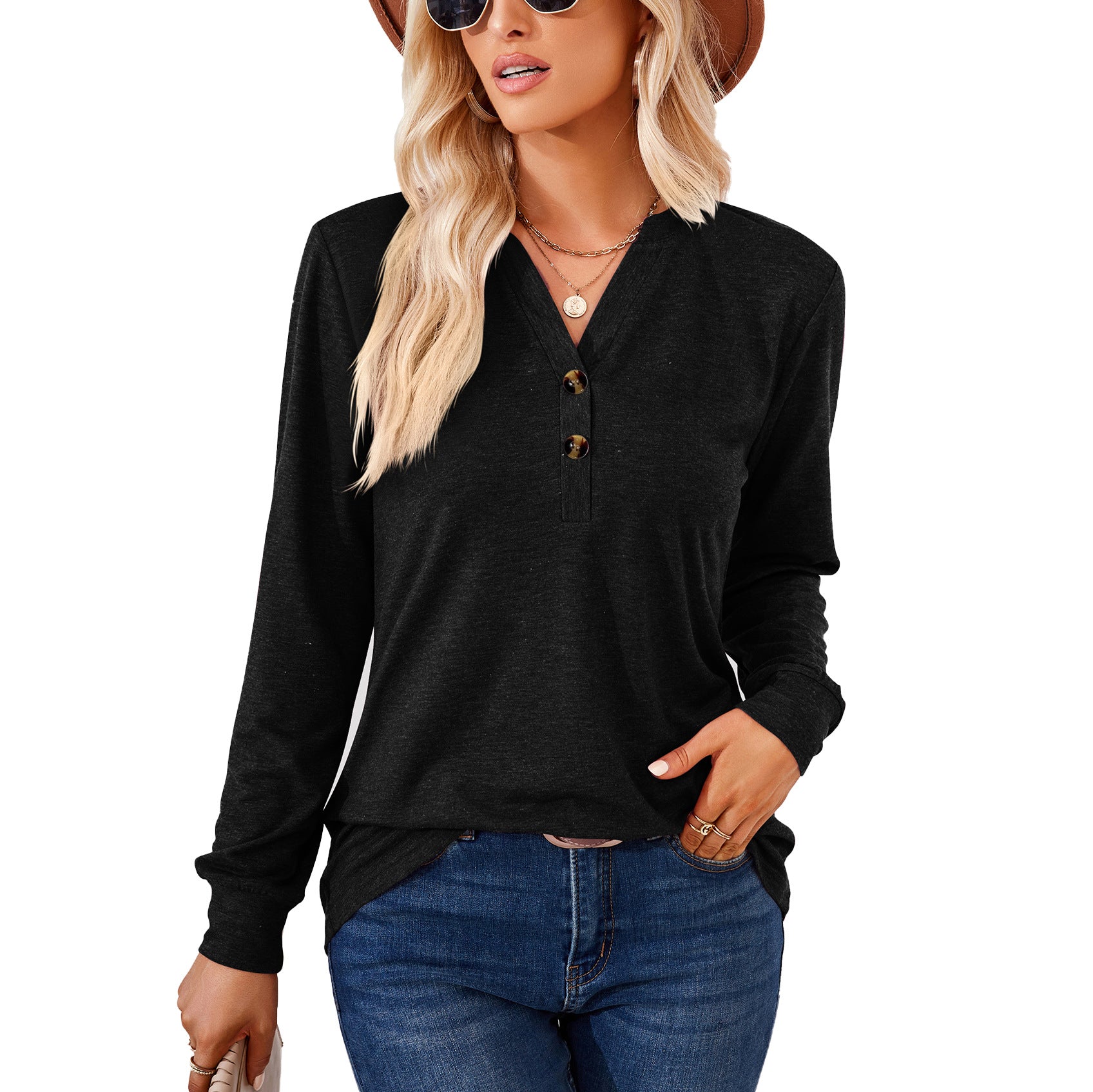 Solid color button V-neck top