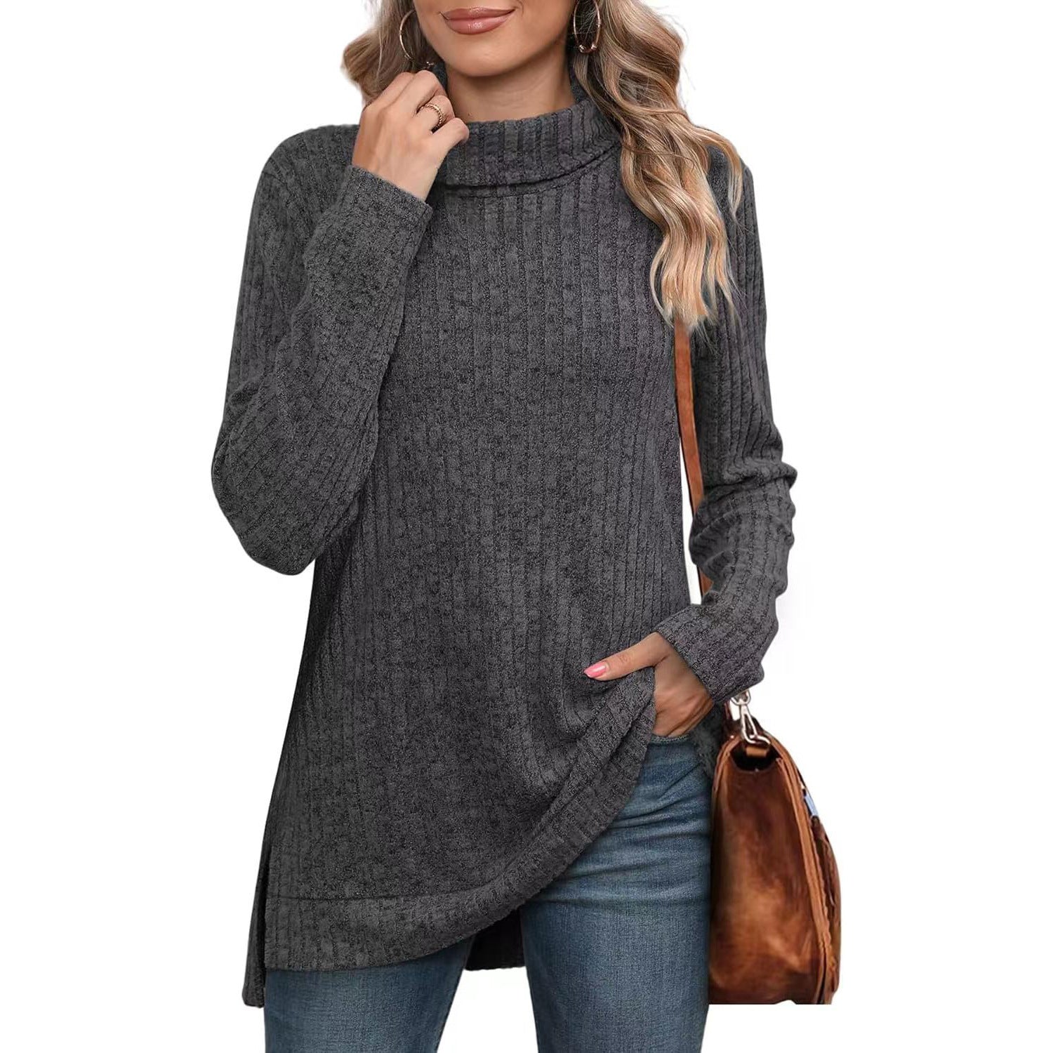 Long-sleeved ribbed knit autumn sweater