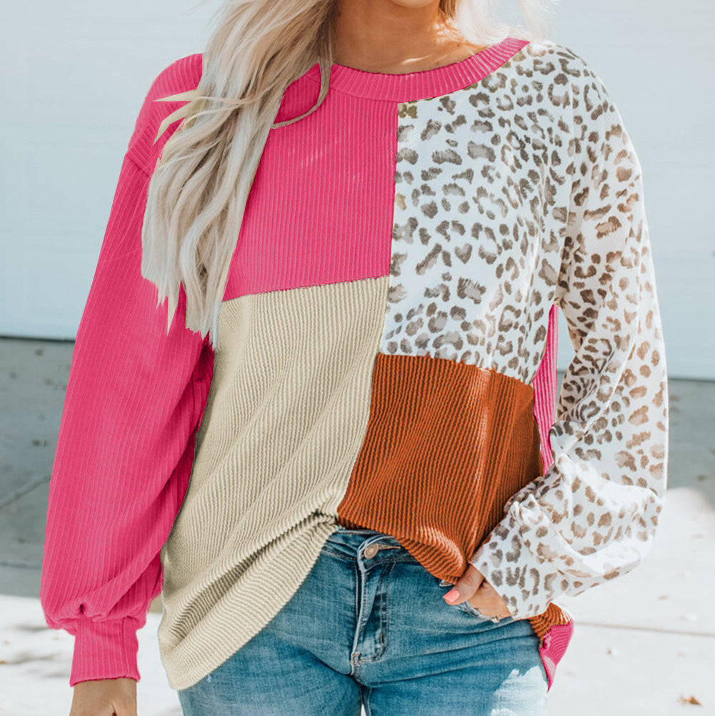 Color-blocked leopard print long-sleeved shirt