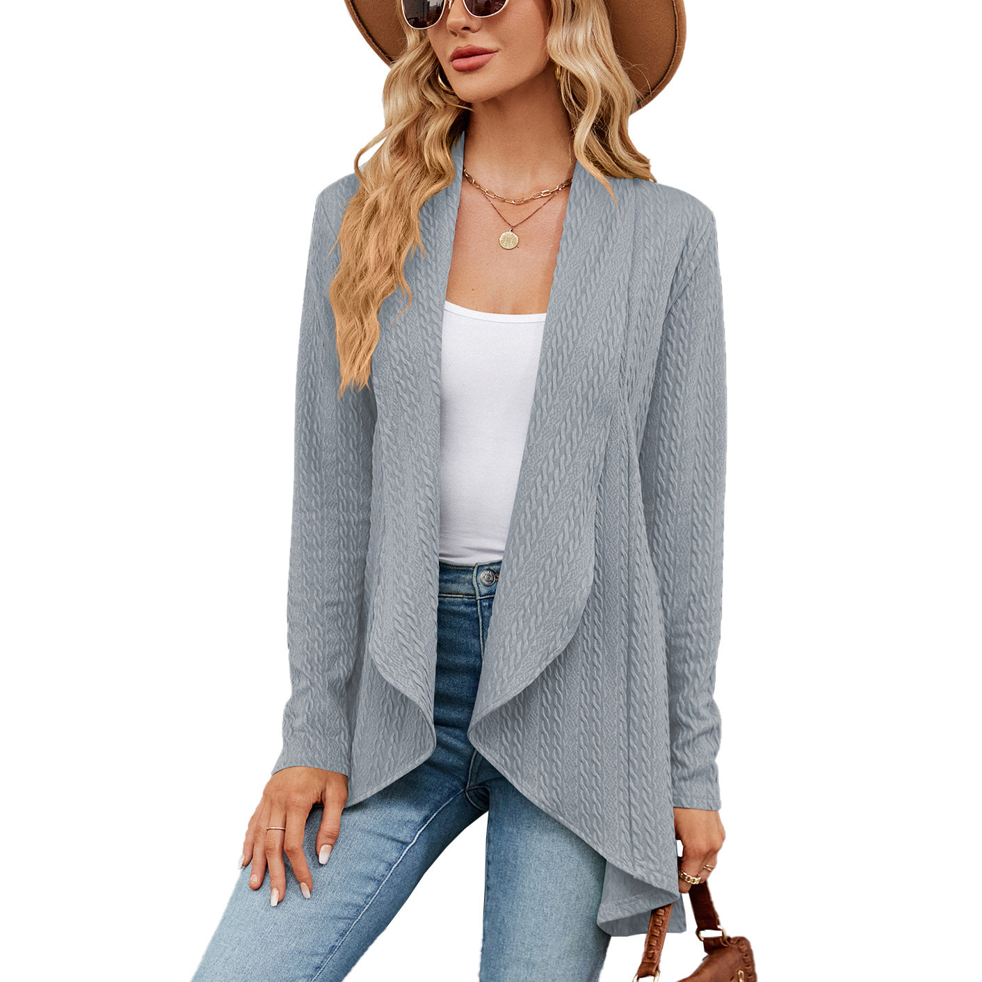 Long-sleeved solid color knitted cardigan