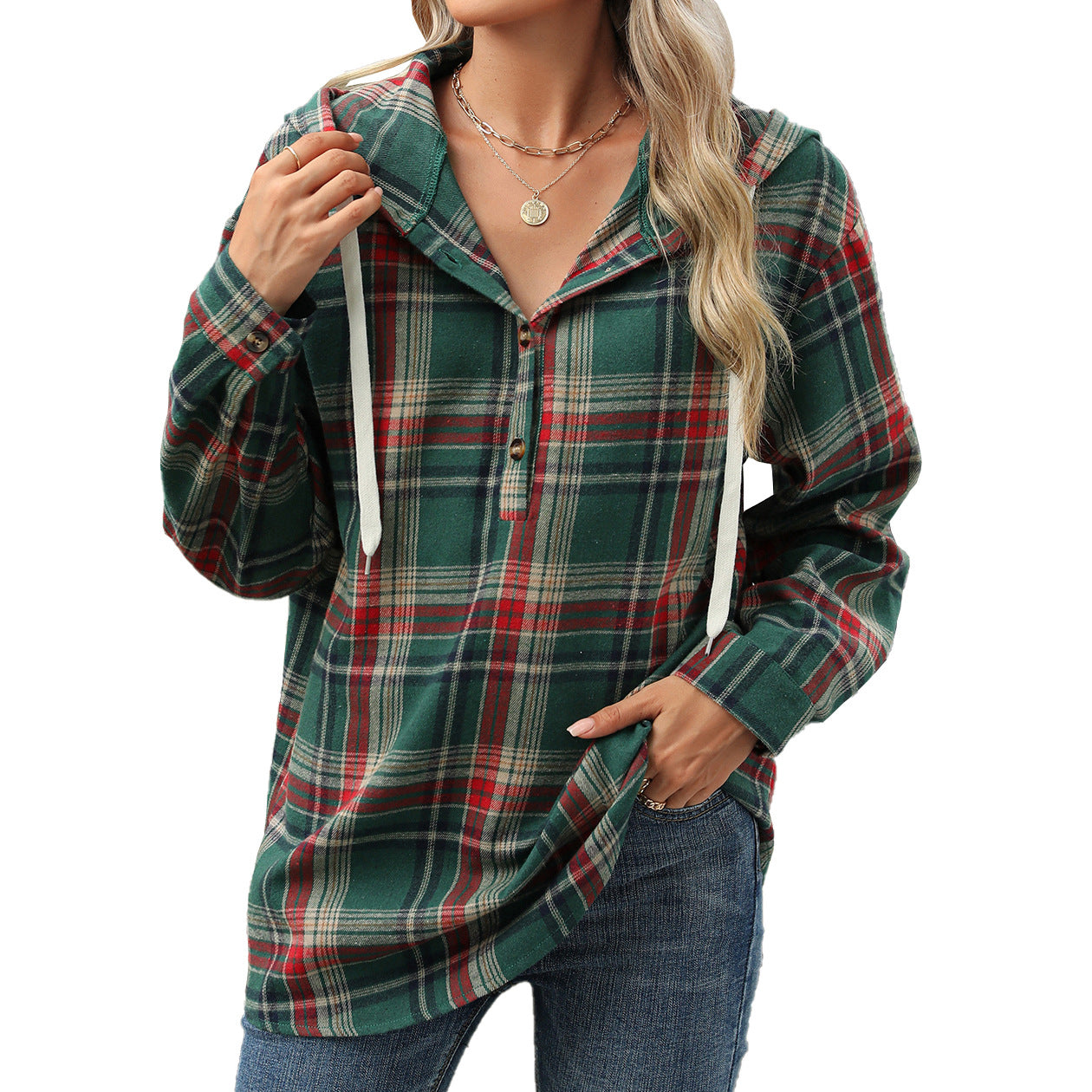 plaid hooded button-down shirt