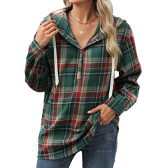 plaid hooded button-down shirt