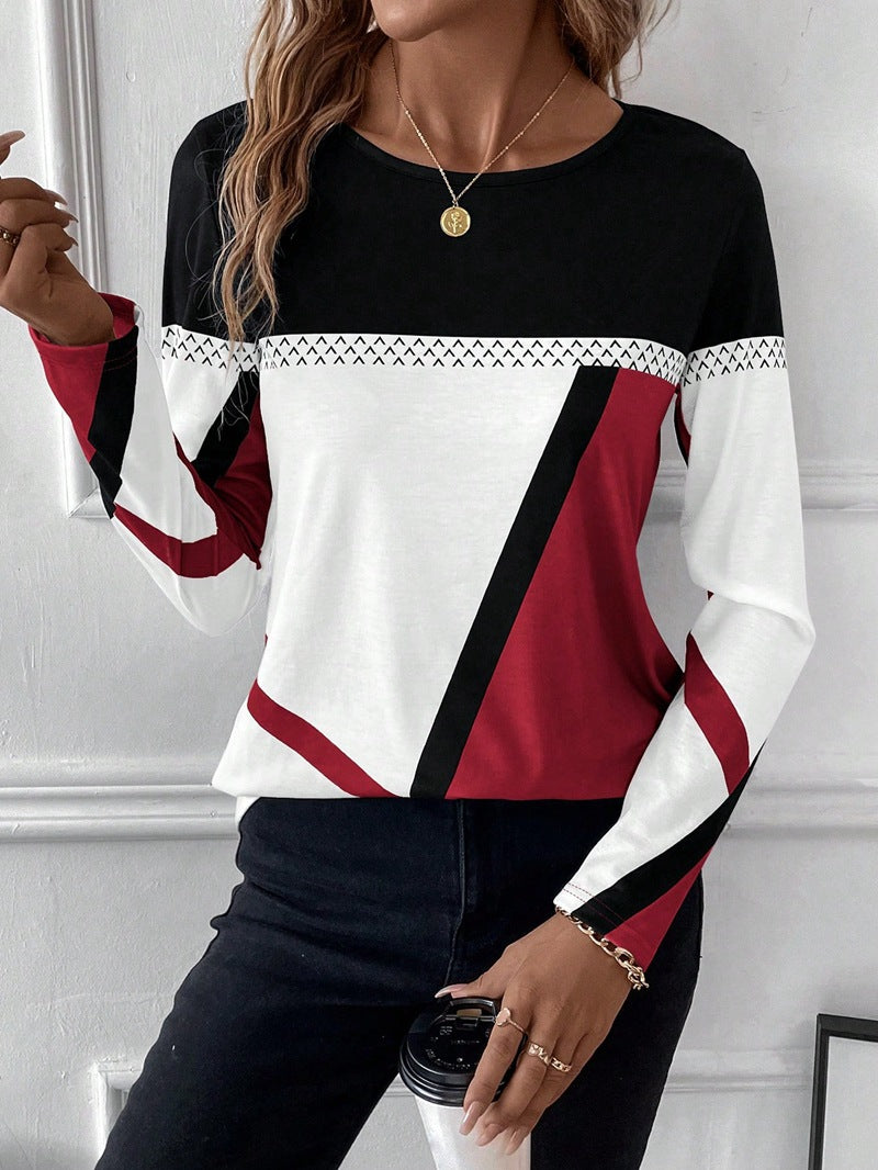 Color-blocked crew neck long-sleeved T-shirt
