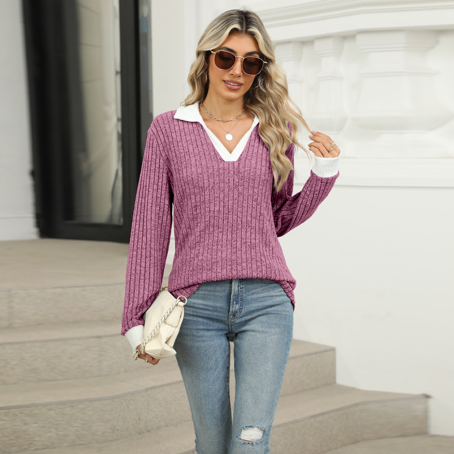 Striped V-neck knit top