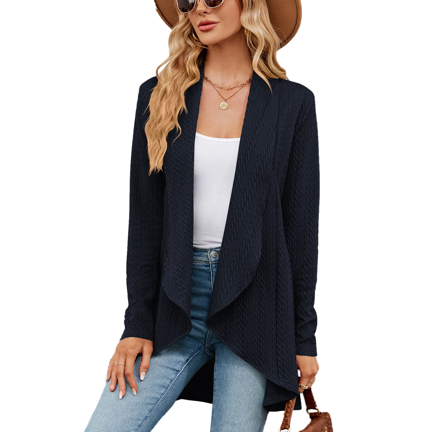 Long-sleeved solid color knitted cardigan