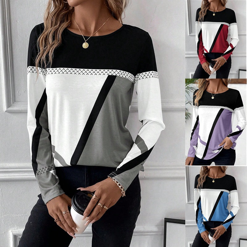 Color-blocked crew neck long-sleeved T-shirt