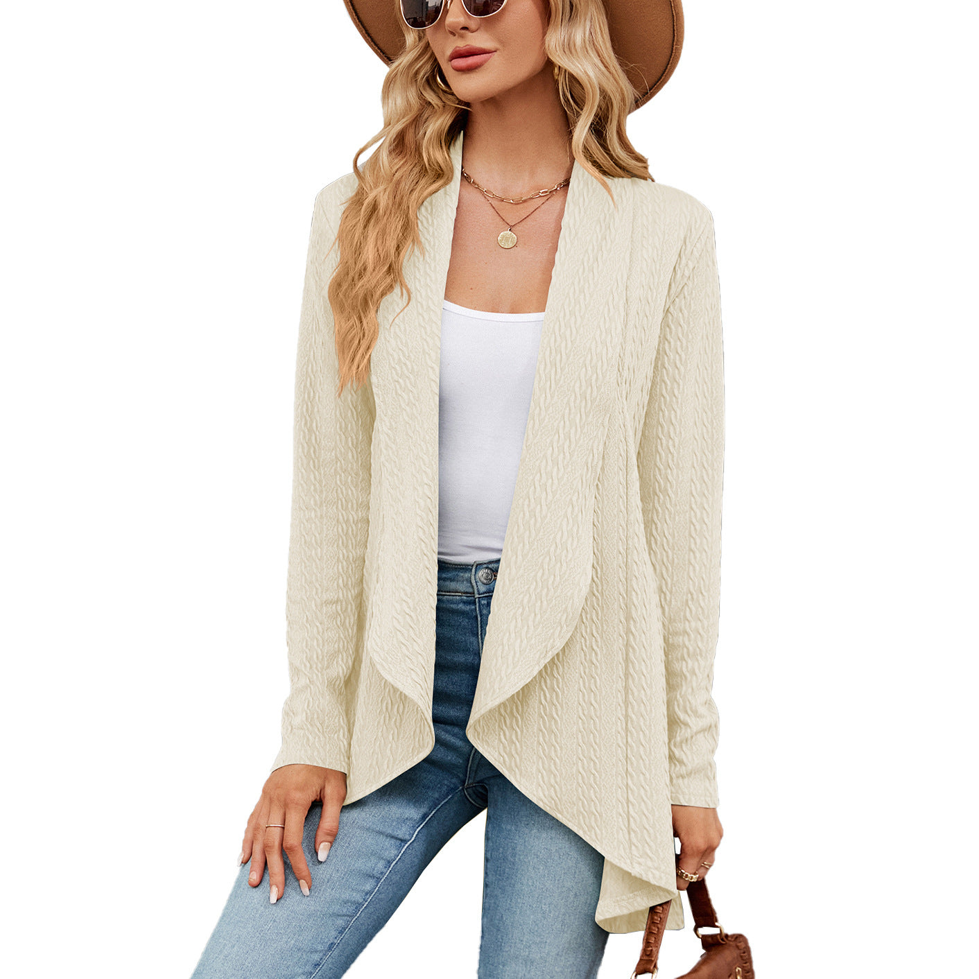 Long-sleeved solid color knitted cardigan