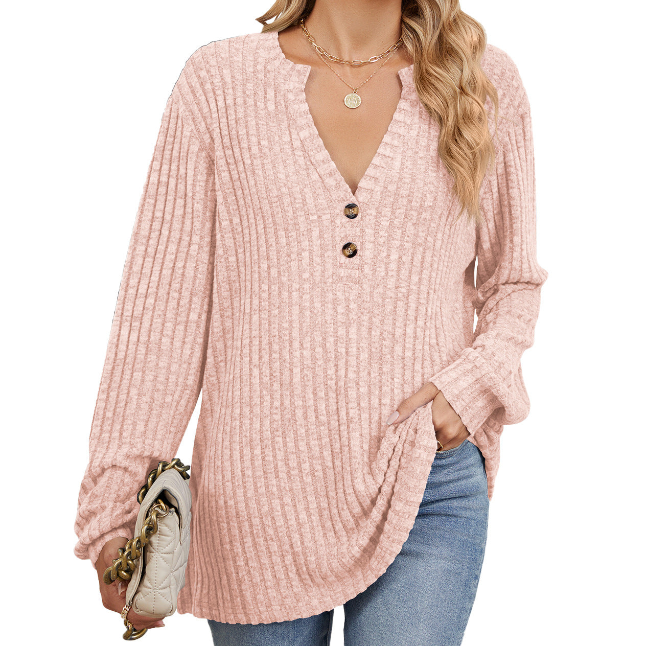 Ribbed V-neck long-sleeved knit sweater