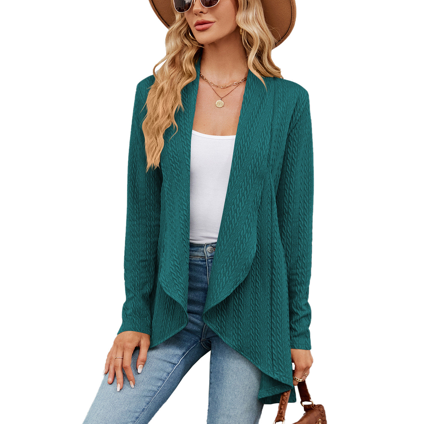 Long-sleeved solid color knitted cardigan