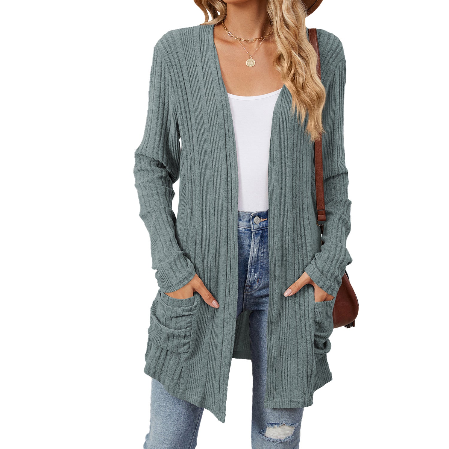 Pocketed Open Front Long Sleeve Cardigan