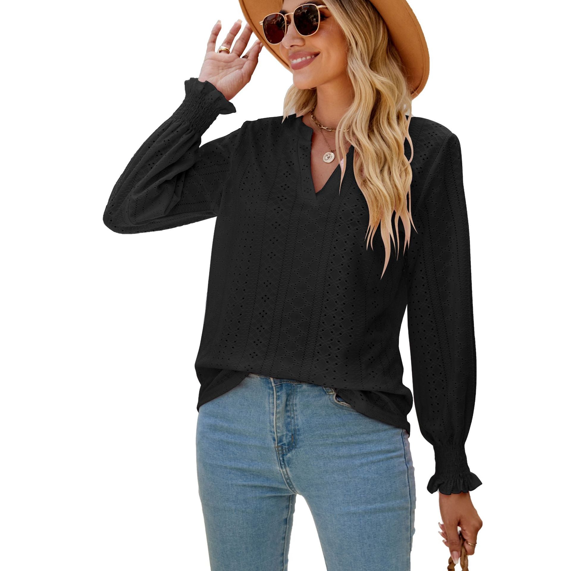 Ruffled long-sleeved V-neck openwork top