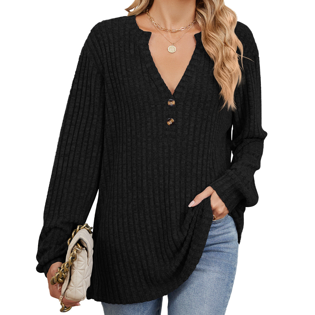 Ribbed V-neck long-sleeved knit sweater