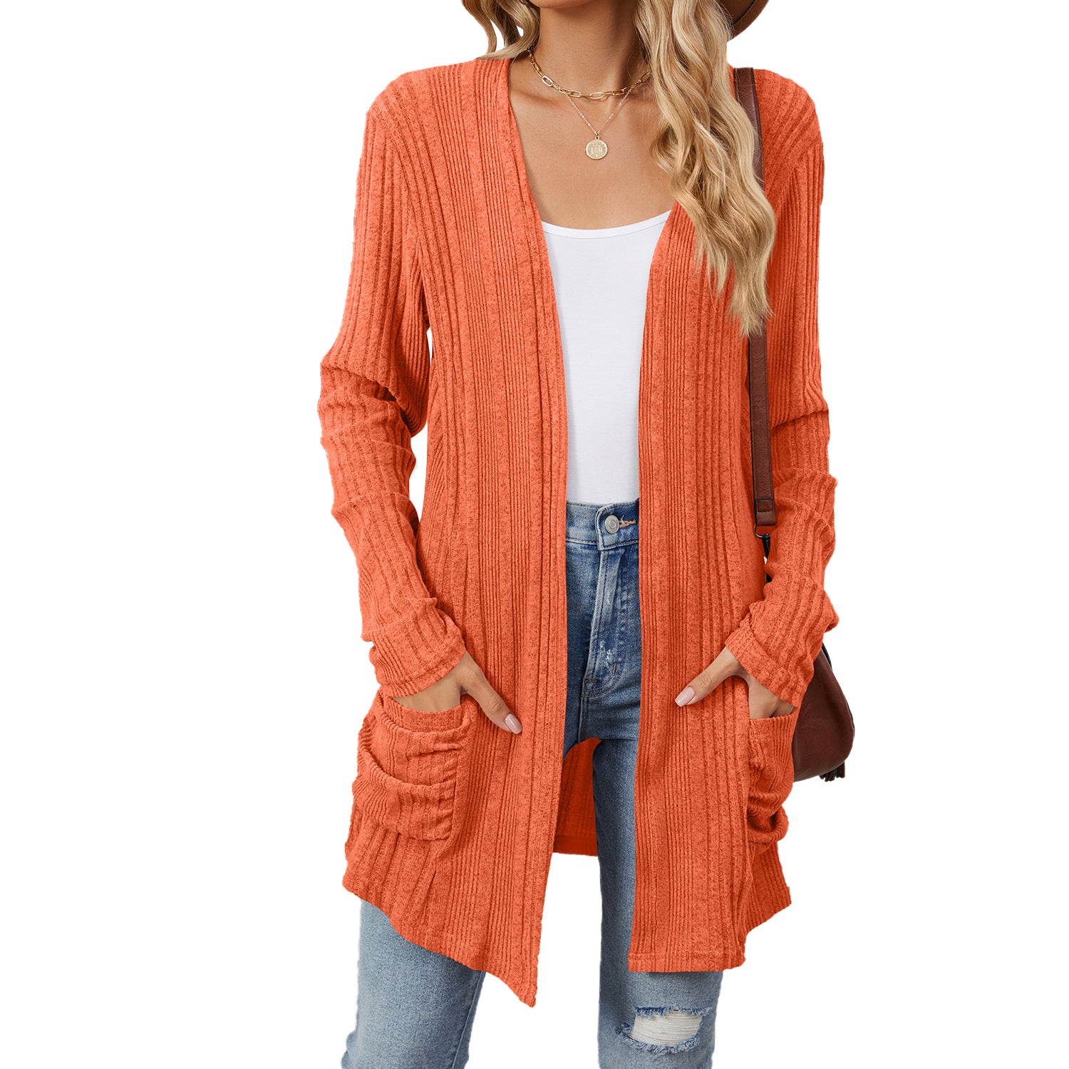 Pocketed Open Front Long Sleeve Cardigan