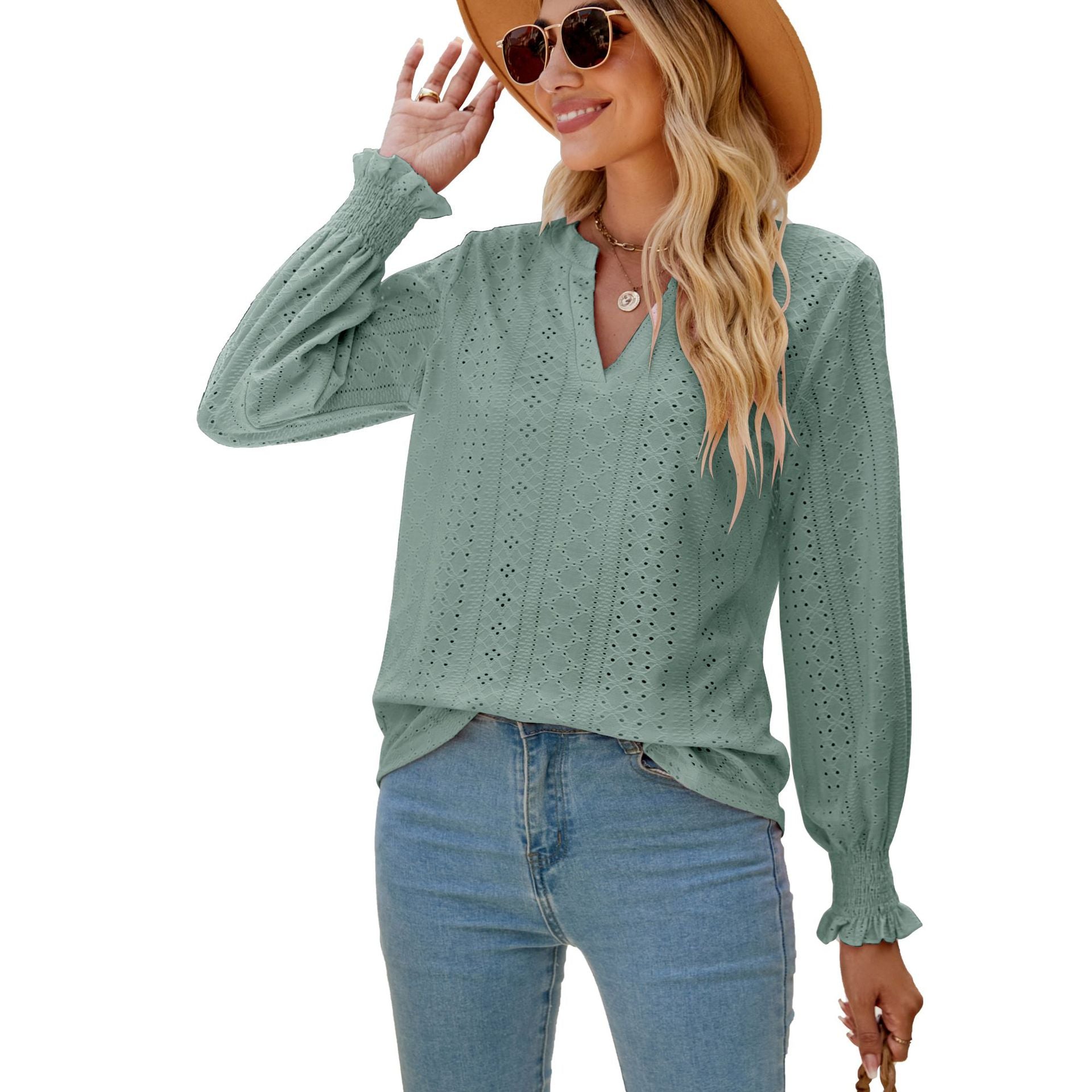 Ruffled long-sleeved V-neck openwork top