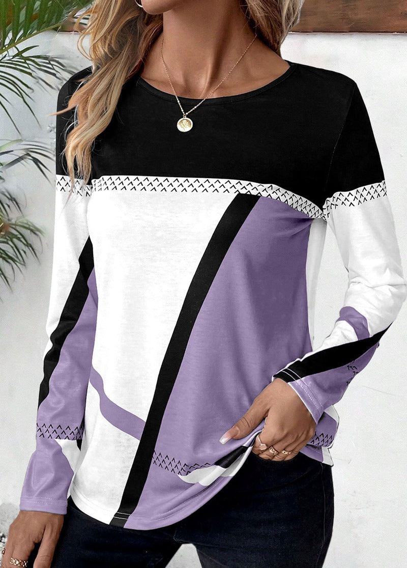 Color-blocked crew neck long-sleeved T-shirt