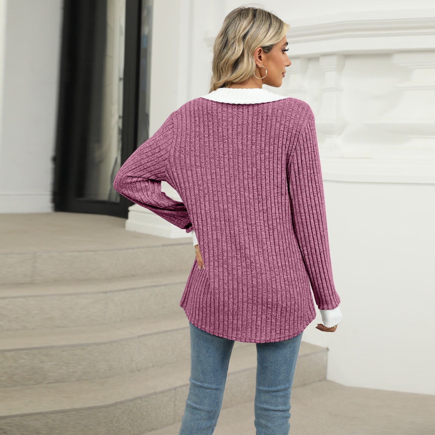 Striped V-neck knit top