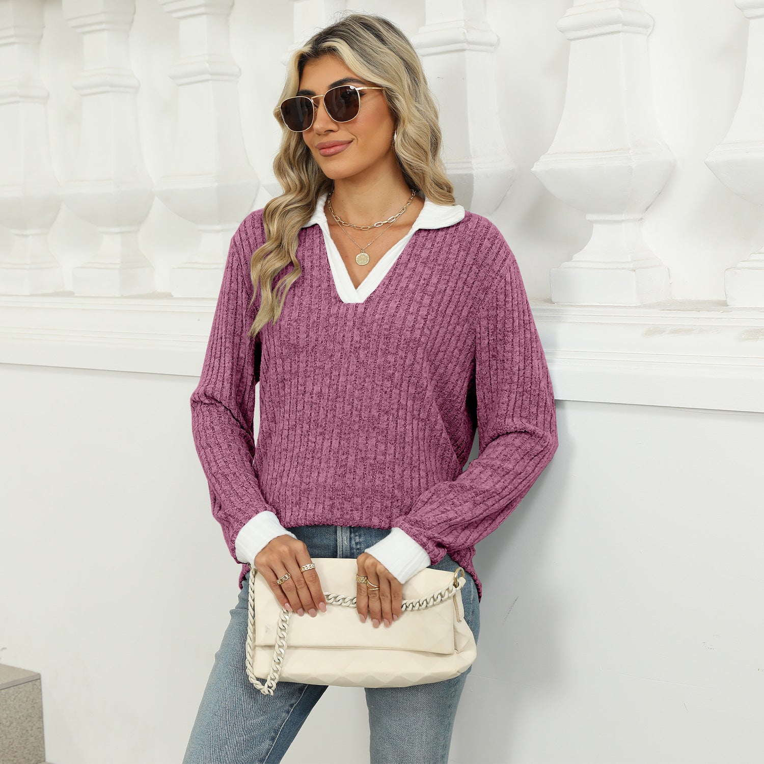 Striped V-neck knit top