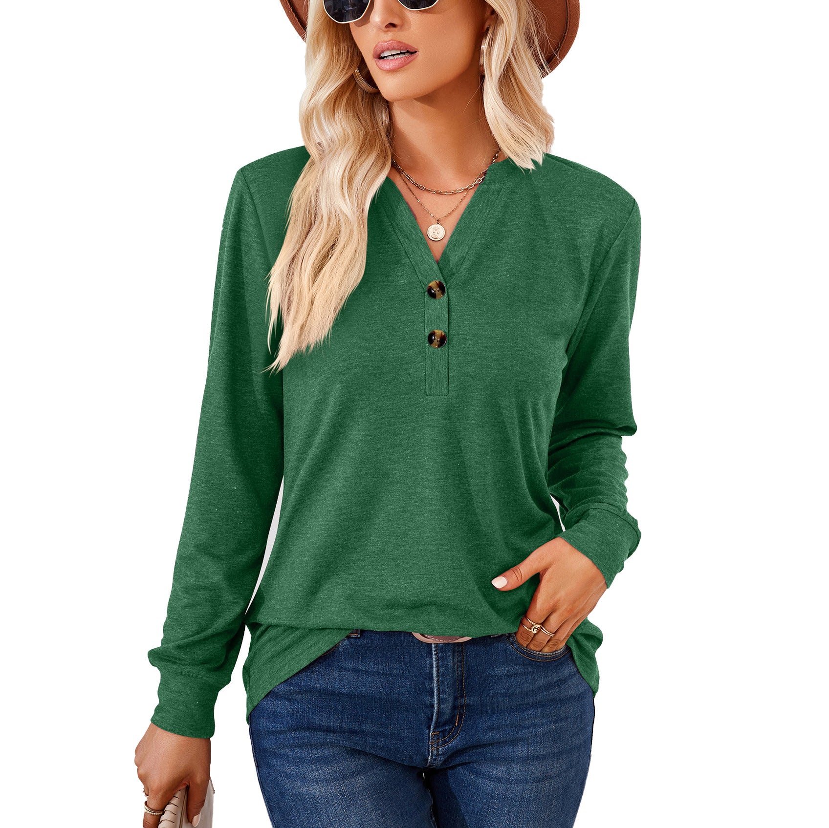 Solid color button V-neck top