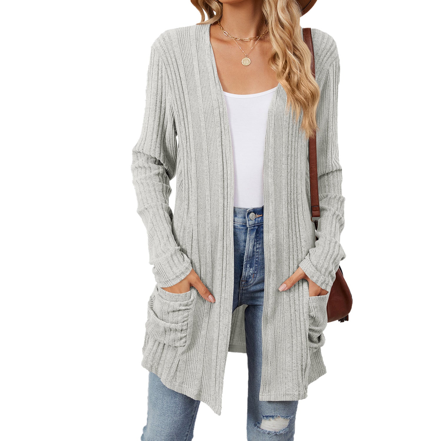 Pocketed Open Front Long Sleeve Cardigan
