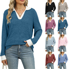 Striped V-neck knit top