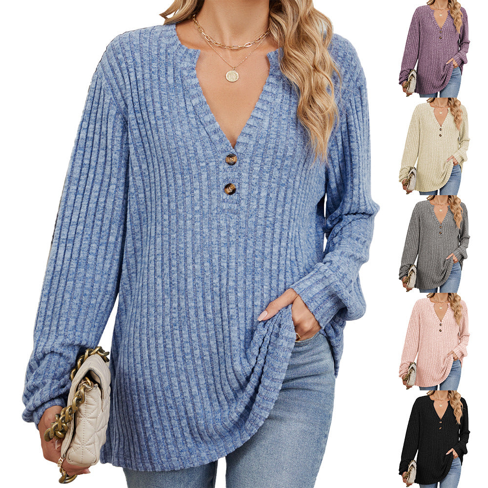 Ribbed V-neck long-sleeved knit sweater