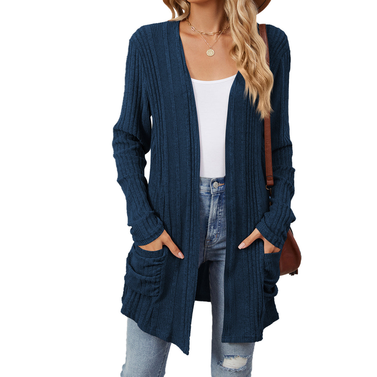 Pocketed Open Front Long Sleeve Cardigan