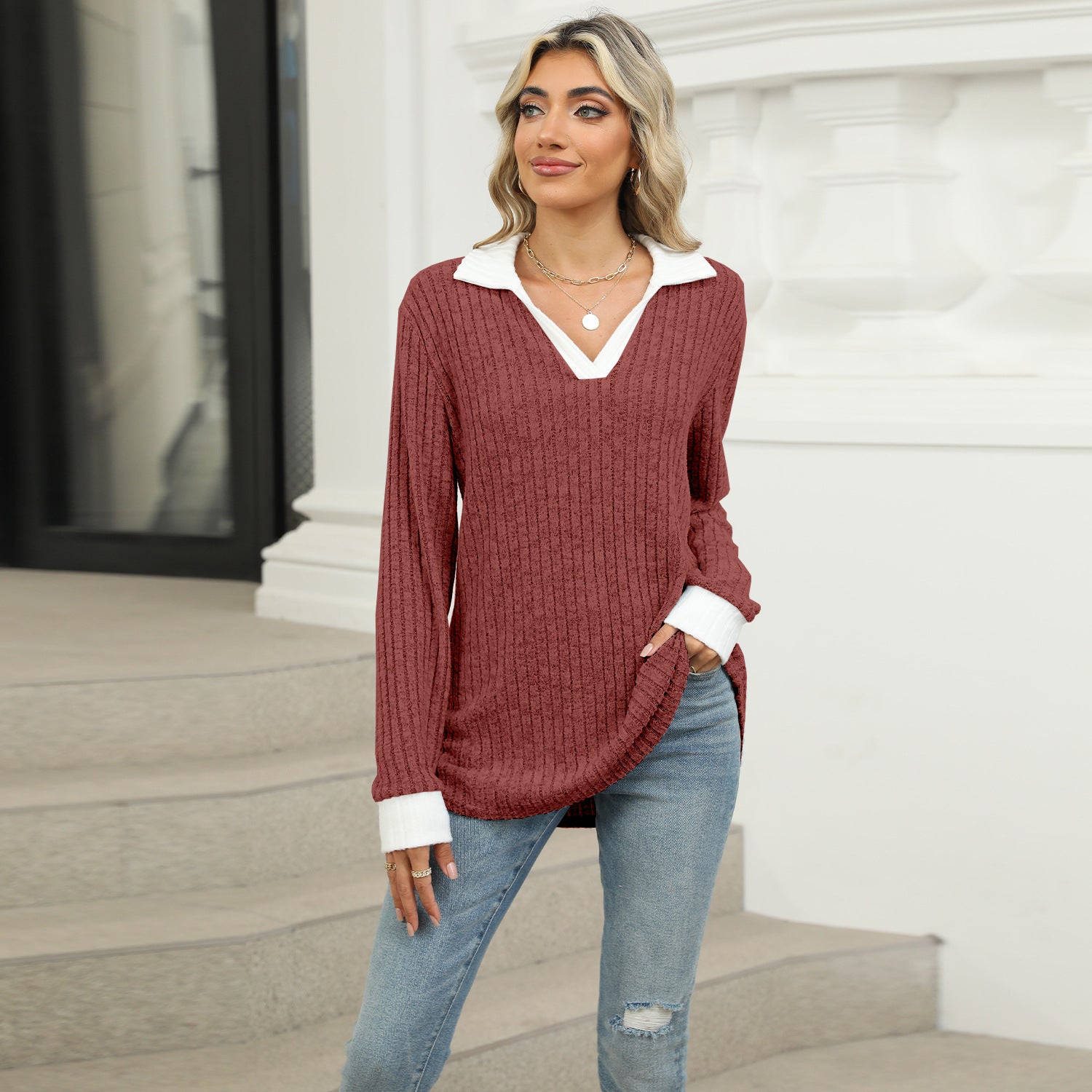 Striped V-neck knit top