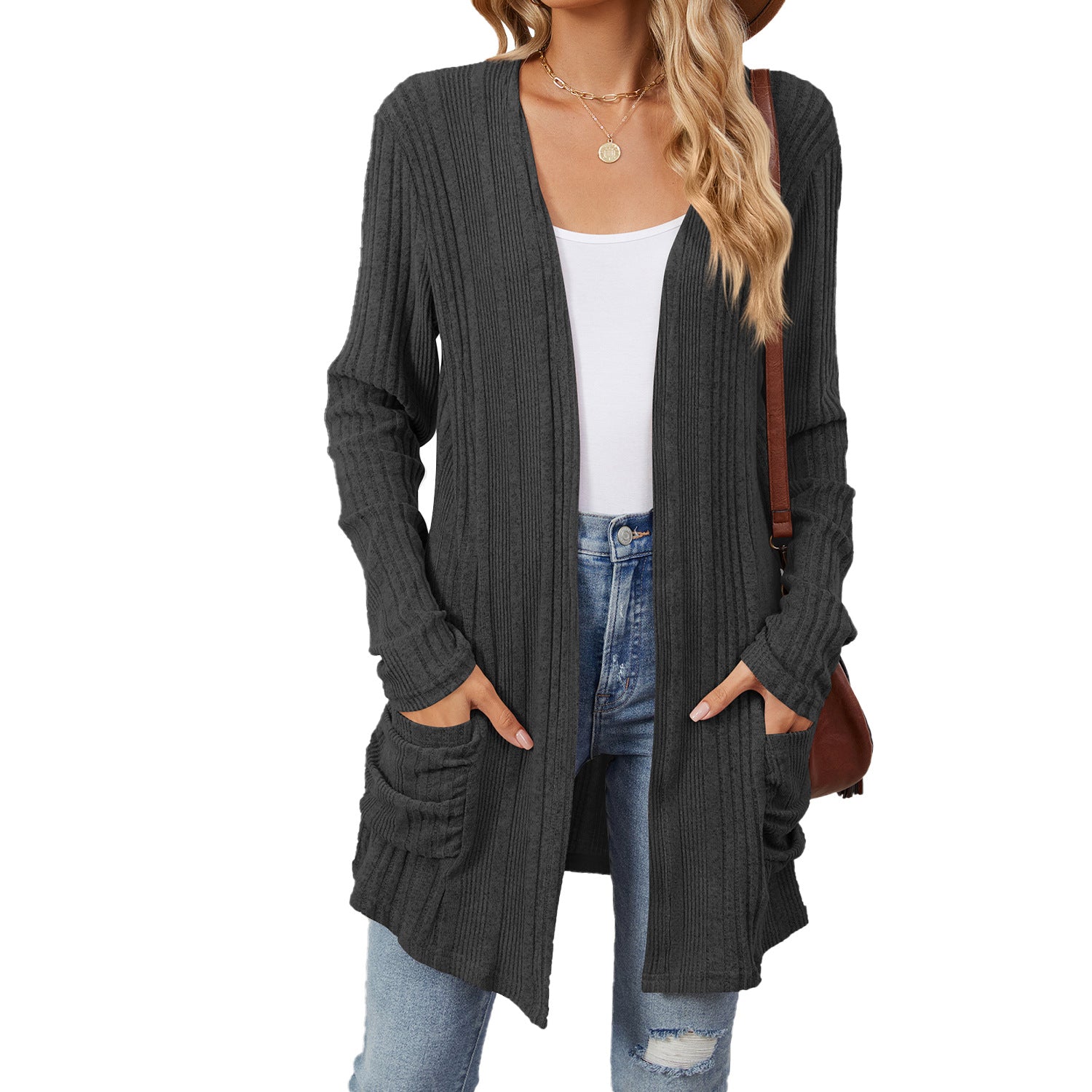 Pocketed Open Front Long Sleeve Cardigan