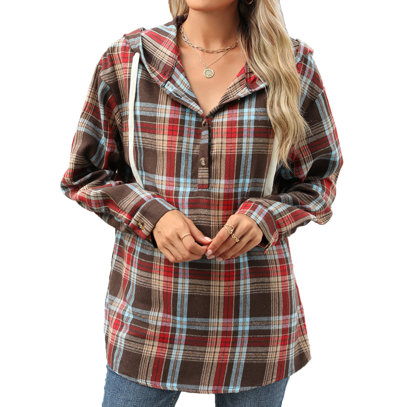 plaid hooded button-down shirt
