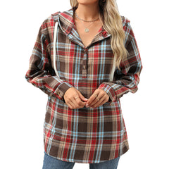 plaid hooded button-down shirt