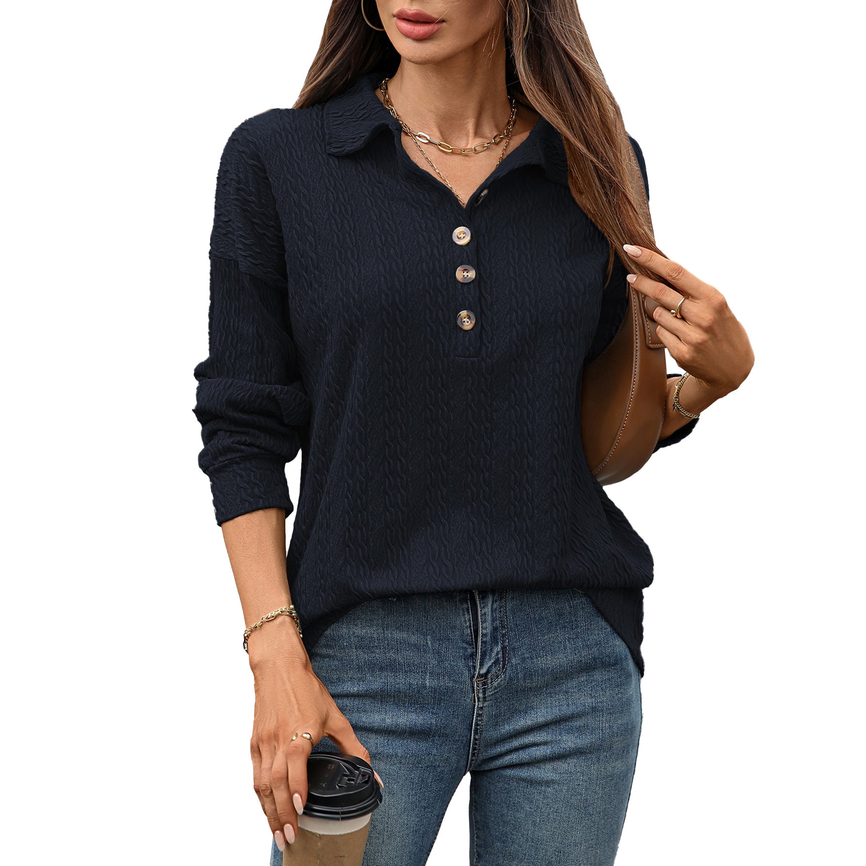 Women's collared button textured top