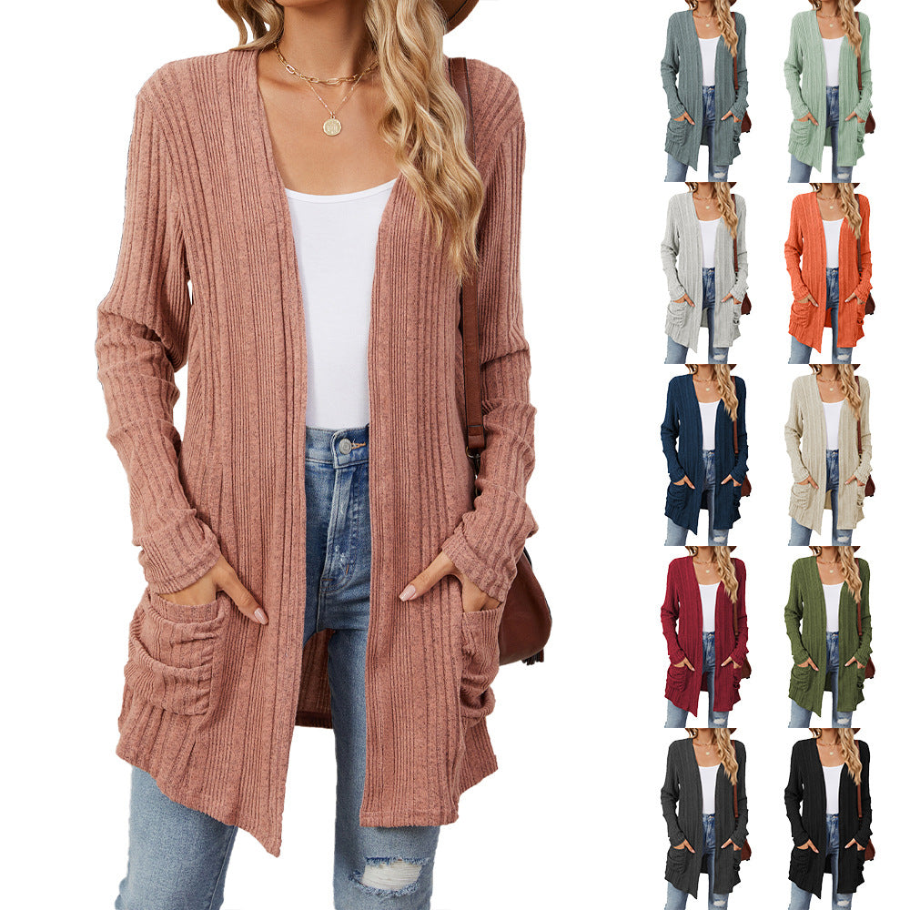 Pocketed Open Front Long Sleeve Cardigan
