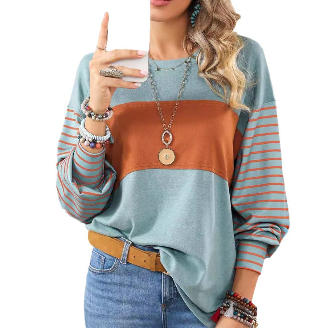 Crew neck striped long-sleeved slit T-shirt